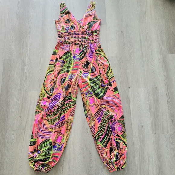 Vintage 70s 80s Vibrant Print Genie Artsy Multicolor Wide Leg Jumpsuit Sz Small - Picture 2 of 16